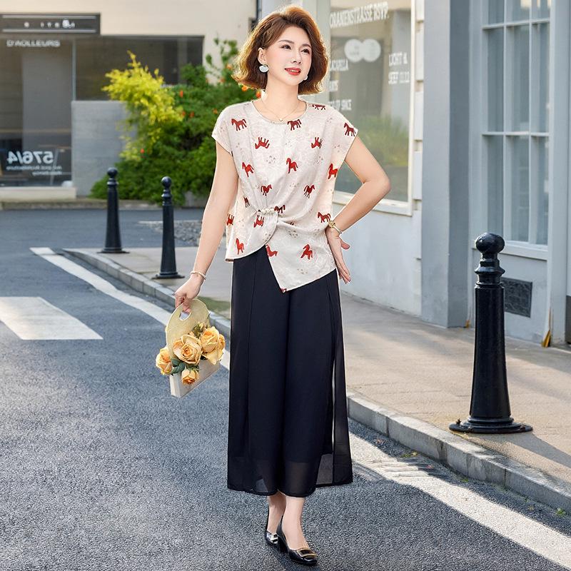 

Chiffon Short Sleeve T-shirt & Pants Set for Women - 2025 Summer Fashion for Moms and Middle-aged 3XL