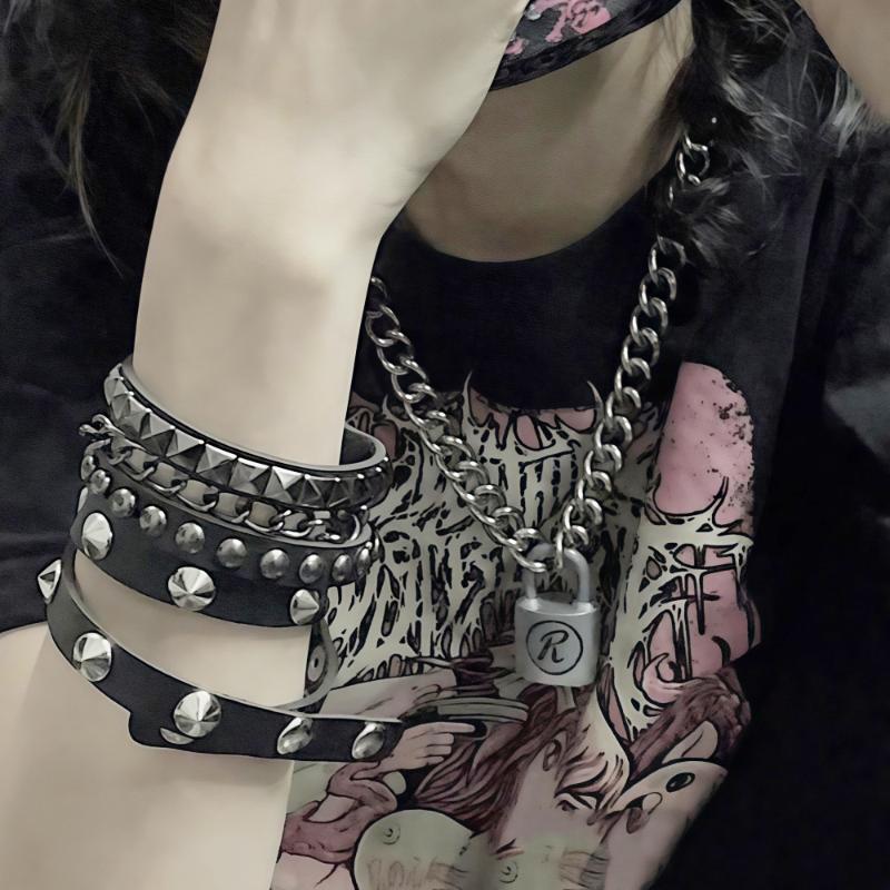 Punk Pu Leather Bracelet Gothic Rock Unique Rivet Stud Wide Cuff Unisex Bangle Wristband Adjustable Party Jewelry