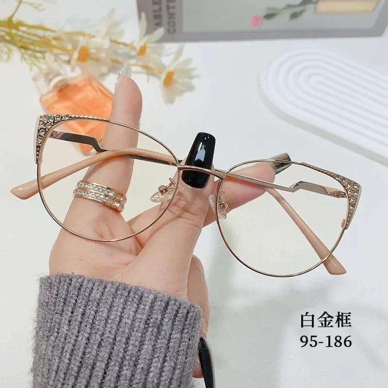 Gafas Anti Blue Light Glasses Cat Eye Vintage Diamond Metal Eyeglass Frame Optical Frame Flat Mirror