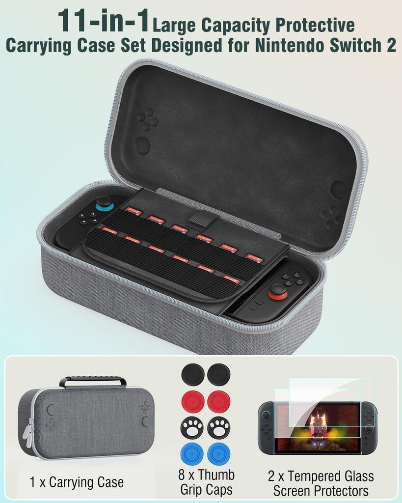 OLCLSS Nintendo Switch 2 Tragetasche mit acht Silikon-Kappen und zwei 10H Hart Verstärkt Bietet Platz für bis zu 12 Spiele und und ist leicht zu tragen