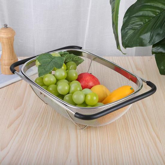 Sink Drain Basket Stainless Steel Mesh Strainer with Telescopic Double-Ear Handle Sink Basket Large Capacity Kitchen Colander for Washing And