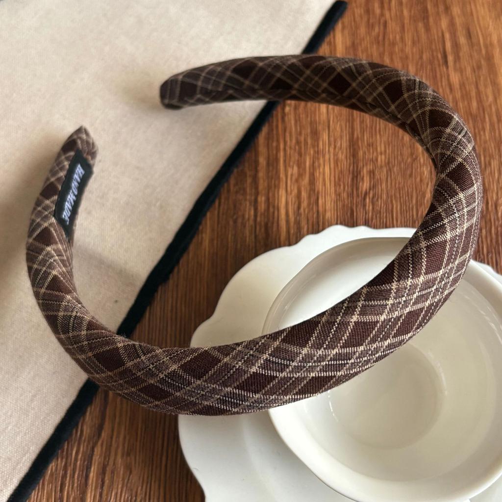Vintage Brown Padded Headbands For Women Plaid Floral Print Hairbands Knitted Velvet Hair Hoops Plain Head Bands Accessories 1pc