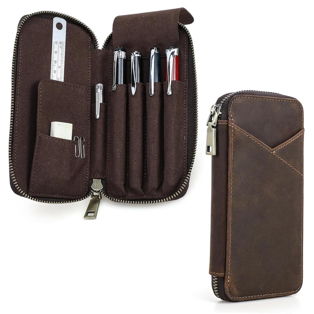 Nannlia Crazy Horse Leather Pen Case Pencil Box 4 Holder Ranking Mechanical Lead Student ID Pocket Included (Brown)
