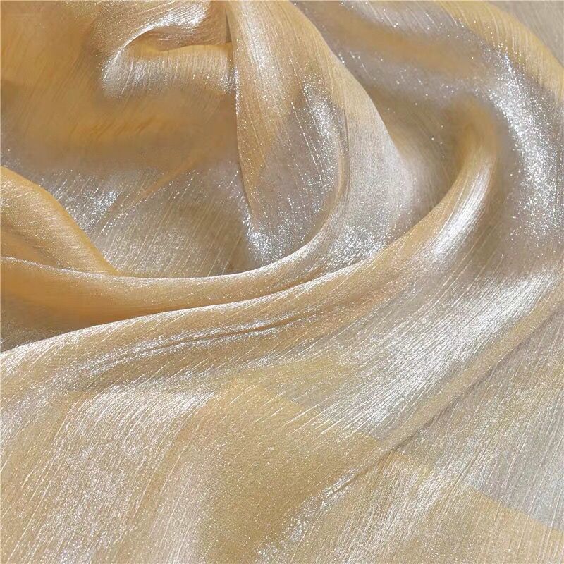 Caramel-colored pleated glitter transparent organza fabric suitable for wedding dresses evening gowns designer clothing fabrics