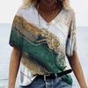 Summer V-neck 3D Marble Pattern Printed Top Fashionable Casual Short Sleeved Women's T-shirts