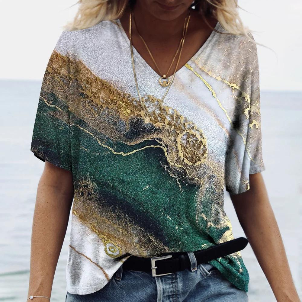 Summer V-neck 3D Marble Pattern Printed Top Fashionable Casual Short Sleeved Women's T-shirts
