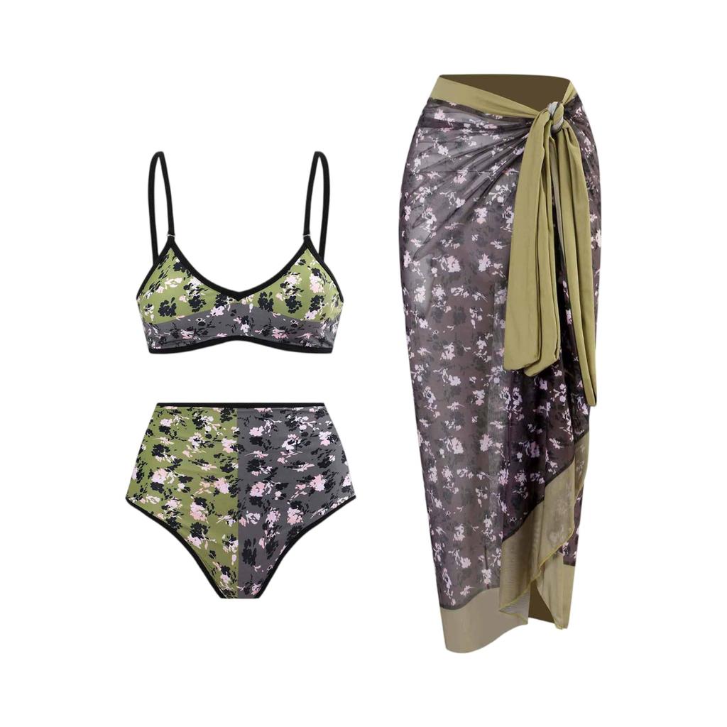 Women's 3-Piece Bikini Set Two-Sided Wearable Reversible Swimsuit with Adjustable Top, High-Waisted Bottom & Sarong, Quick-Dry Fabric