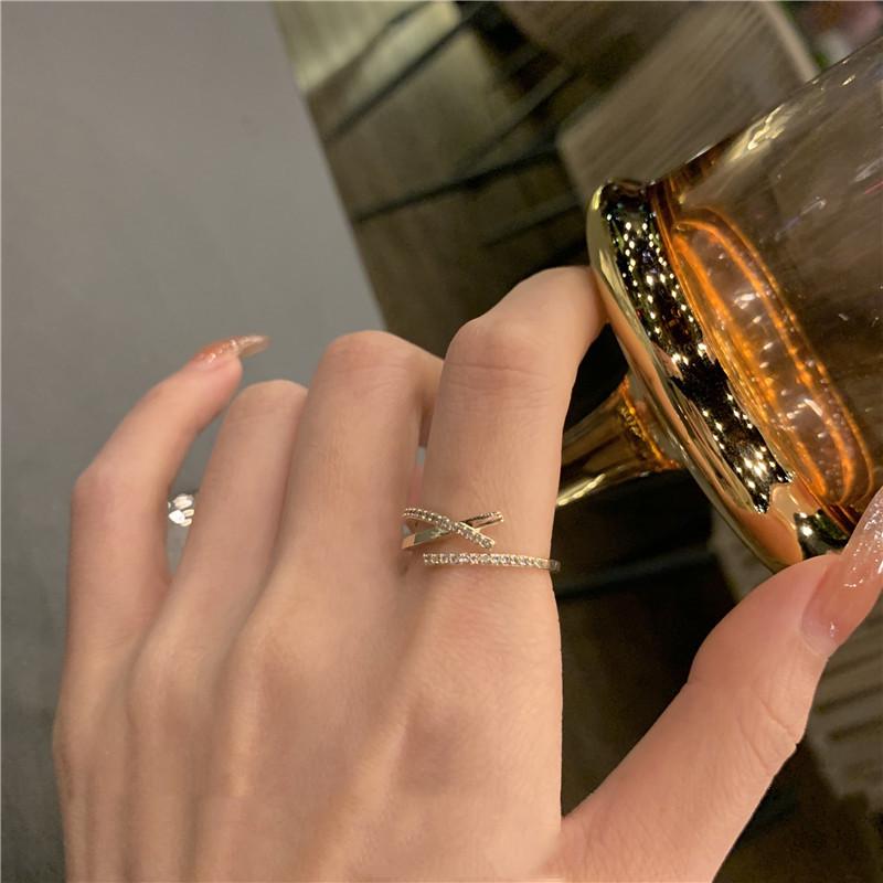 Double Row Pave Diamond Adjustable Open Ring - Women's Trendy Cold Style Niche Design