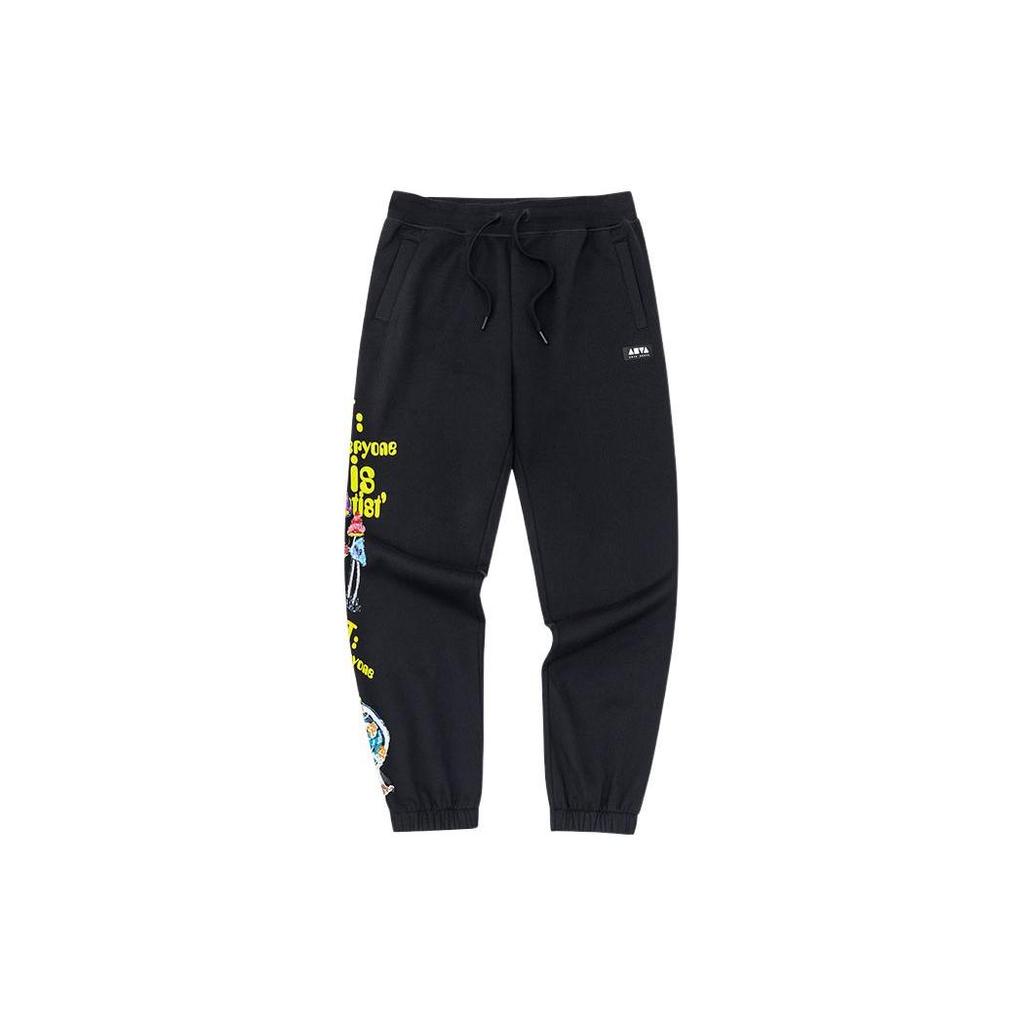Anta X Solid Color Printed Drawstring Fleece Cuffed Sports Pants Unisex Pants Black 172248313-2