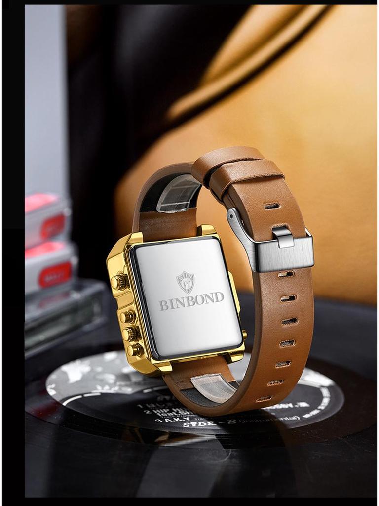 Binbang Fashion Men's Domineering Quartz Watch with Large Square Dial and Triple Display