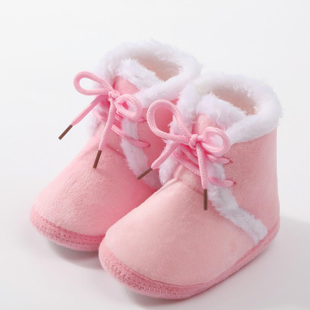 

Пинетки для девочки с бантом, плюшевая нескользящая подошва, для первых шагов, теплые туфли в стиле колор-блок для младенца 0-12 месяцев M size 6-12M розовый