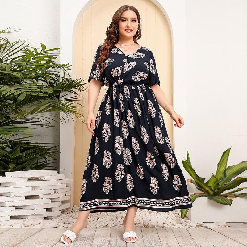 Summer Women Dress Short Sleeve High Waist V-Neck Midi Dress Plus Size Sexy Temperament Print Dress