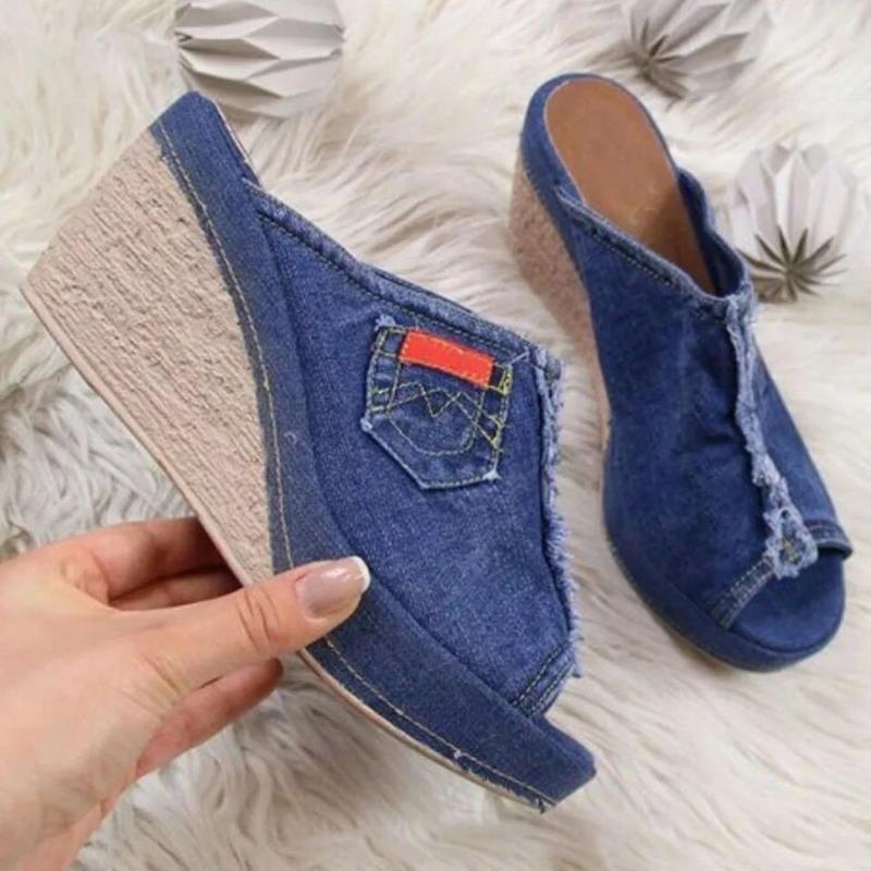 20Wish denim cool slippers high heel fish mouth wedge heel sandals large size 424