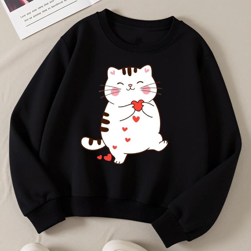 Kids Crewneck Long Sleeve Sweatshirt,Cute Cartoon White Kitten Holding Hearts Graphic Print