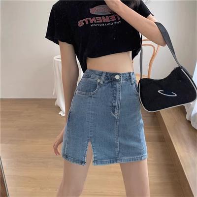 Retro Schlitz Halbkörper Hüftrock Jeansrock Damen Sommer Neu Hohe Taille Anti-Exposition A-Linien-Rock