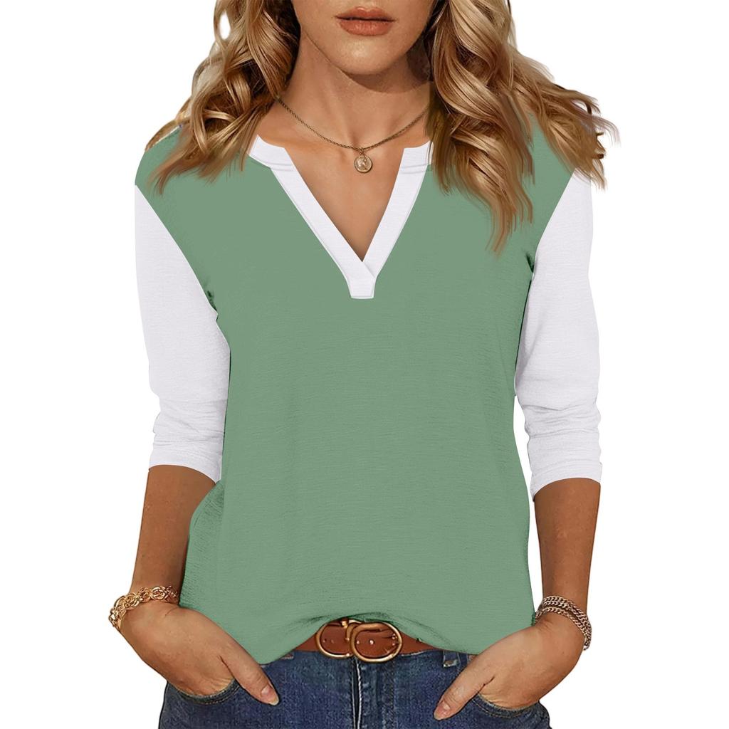 Women's Casual Fashion Sexy Comfortable V-neck Stitching Color Three-quarter Sleeve Top