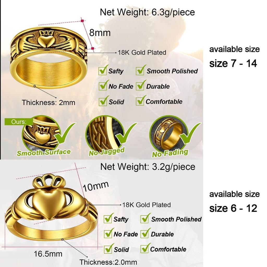 316L Stainless Steel Claddagh Rings for Lovers Retro-style Love Loyalty BFF Wedding Anniversary Irish Matching Couple Jewelry