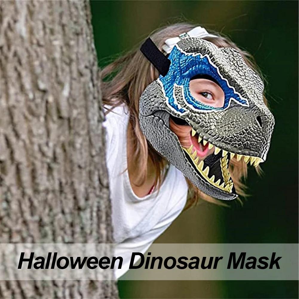 3D Dinosaur Mask Lifelike Raptor Dino Moving Jaw Dinosaur Mask High Quality PVC Headwear Halloween Children Toy Carnival Gift bianco