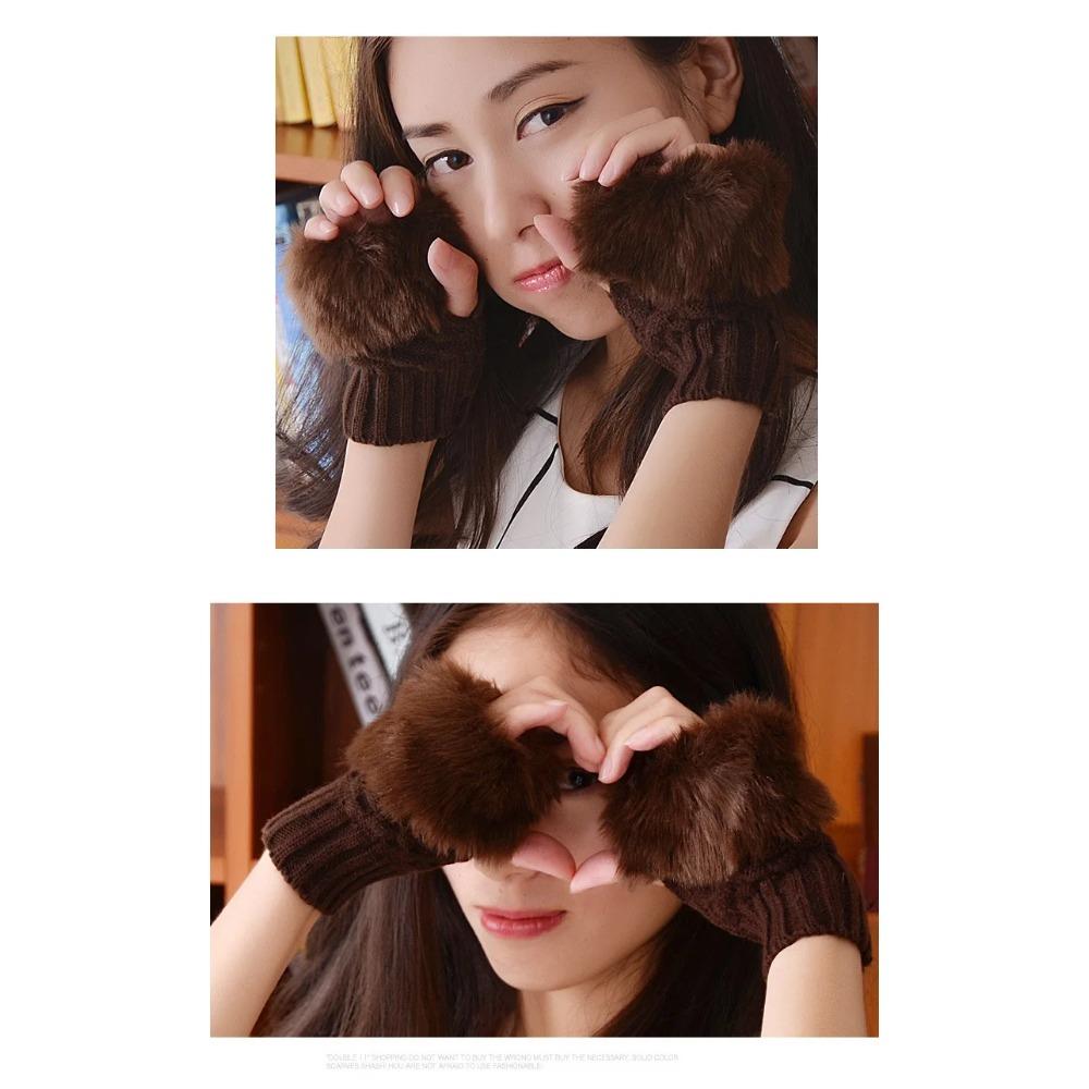1pair Women Autumn Winter Keep Warm Plush Knitted Woolen Splicing Half Finger Gloves Cute Lovely Sweety Smooth Soft