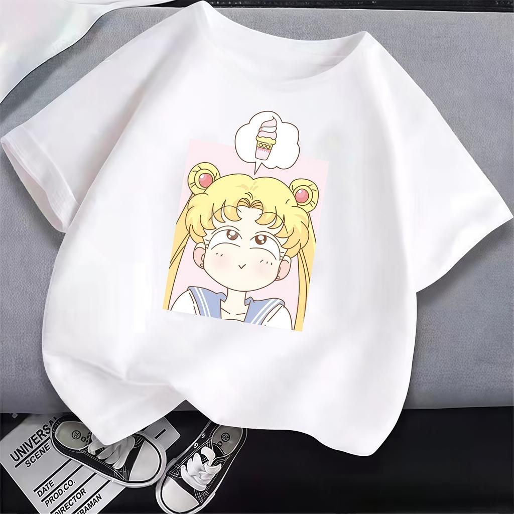 Sailor Moon White T Shirt Clothes for Girls Tops Cartoon Kawaii Fashion Clothing Summer Cute Short Sleeve Tee New Birthday Gifts