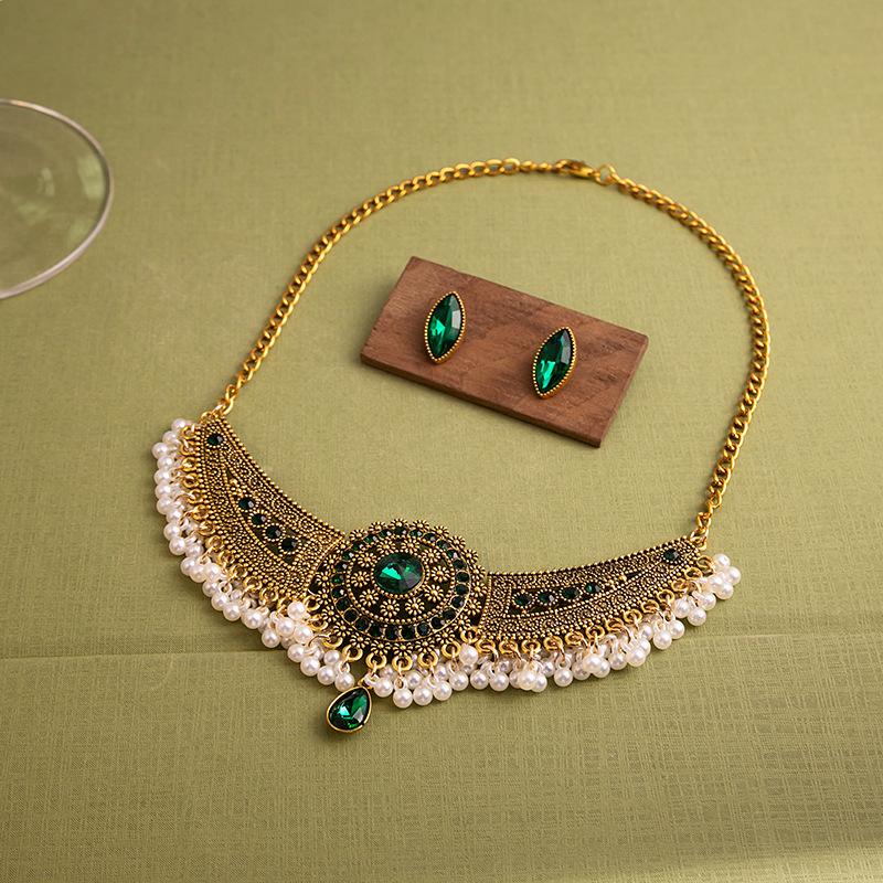 

Кристалл Свадебный комплект ювелирных изделий Женщины Винтаж Серьги Ожерелье Индийский подарок невесты зелёный