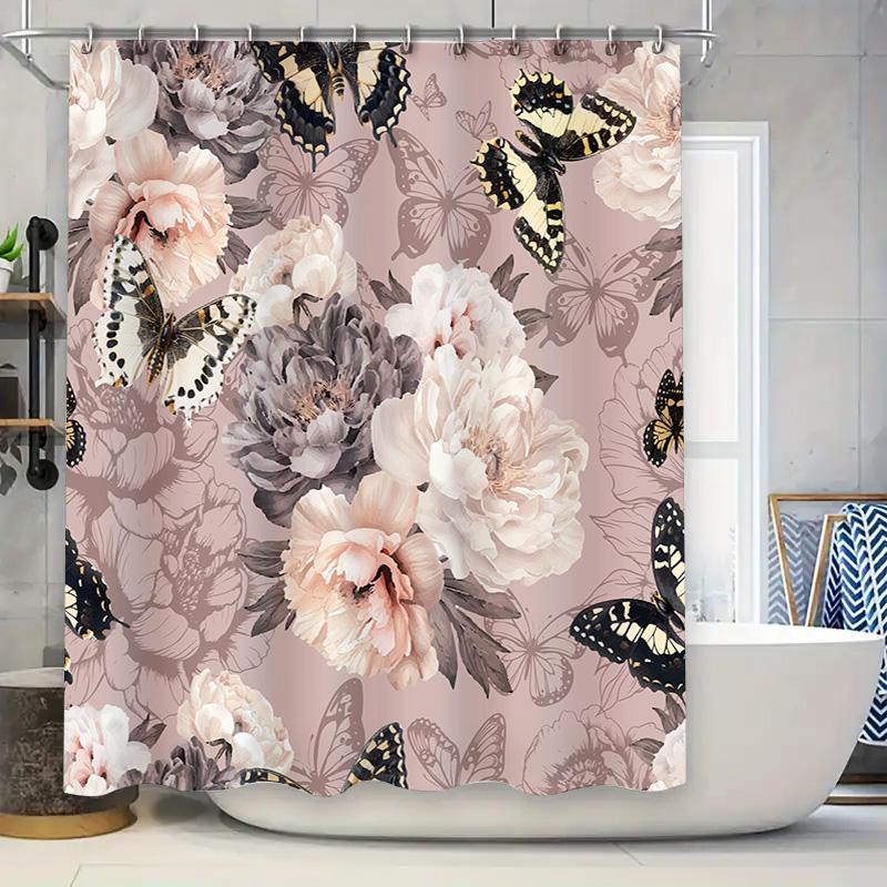 

Роскошная шторка для ванной и душа Красивый цветочный принт с бабочками Розовые пионы Темно-серые цветы Декор для ванной комнаты Водонепроницаемая 90x180cm