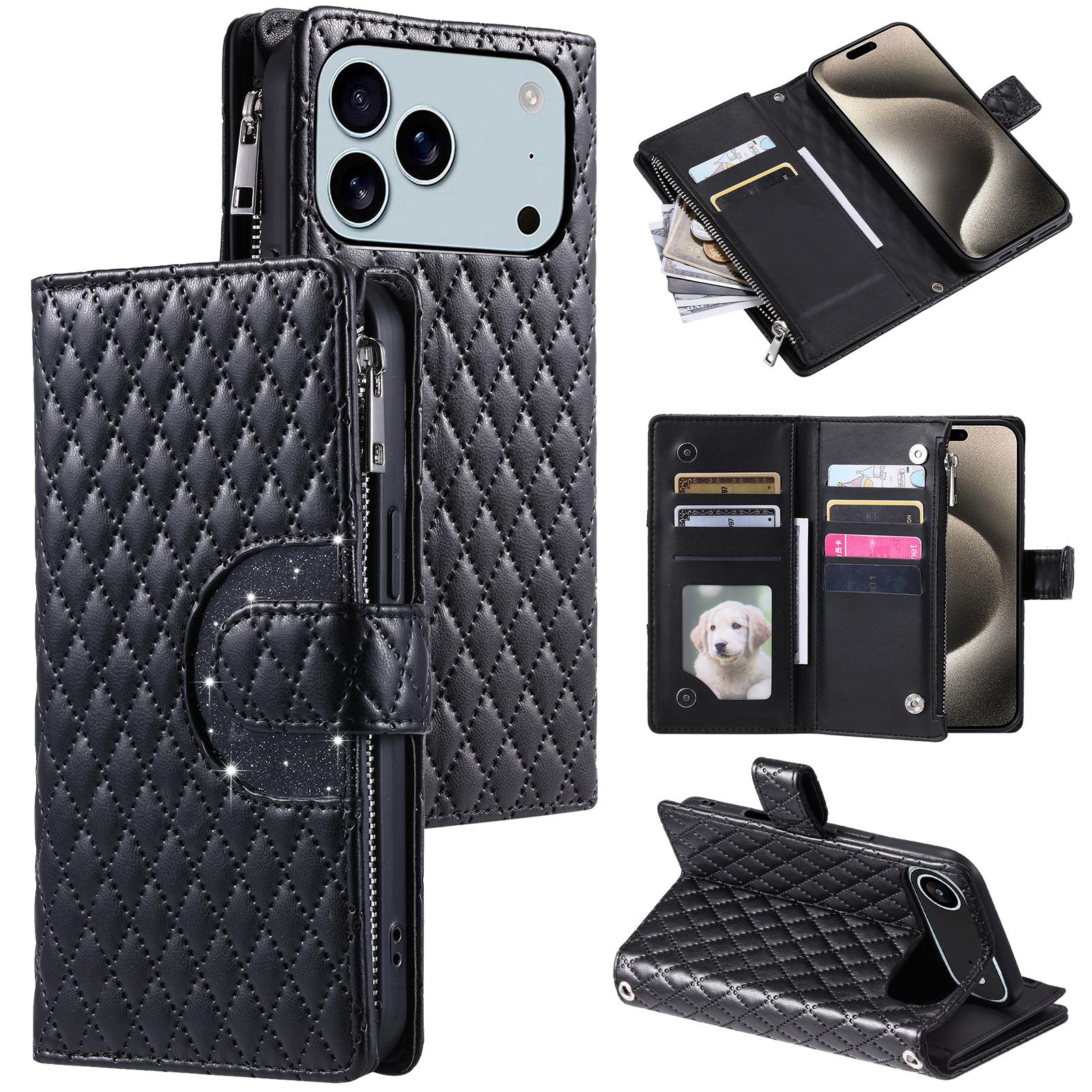

For iPhone 17 Pro Case Zipper Pocket Glitter Leather Phone Cover with Wrist Strap Black