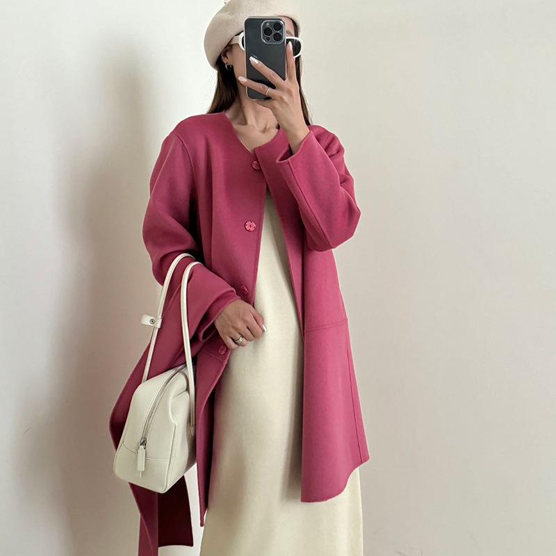 

] Нишевый дизайн шарф можно снять и носить двумя способами, двустороннее кашемировое пальто, женское осенне-зимнее шерстяное пальто L