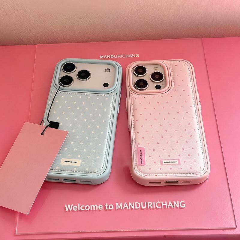 Rosa Blau Ästhetisch Retro Polka Dot Muster Handyhülle für iPhone 17 Air 13 14 15 16 12 Pro Max Stilvolle Leder Schutzhülle