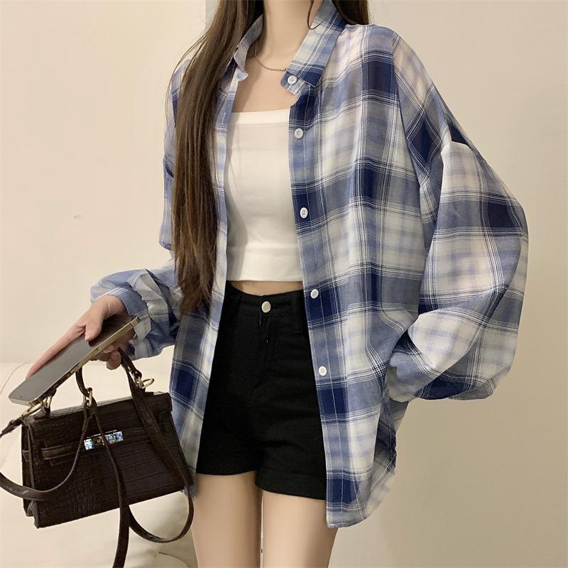 The Real Shot Is Not Reduced, Plaid Shirt Women's Spring and Summer New Loose Retro Outer Wear Long-sleeved Sunscreen Top Jacket Summer Tide