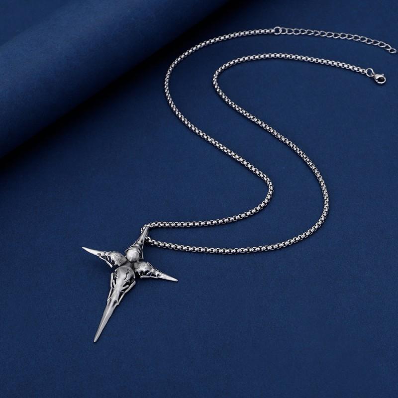 Mens Punk Hip Hop Necklace With Bird Head Cross Pendant Stainless Steel Box Chain Tone