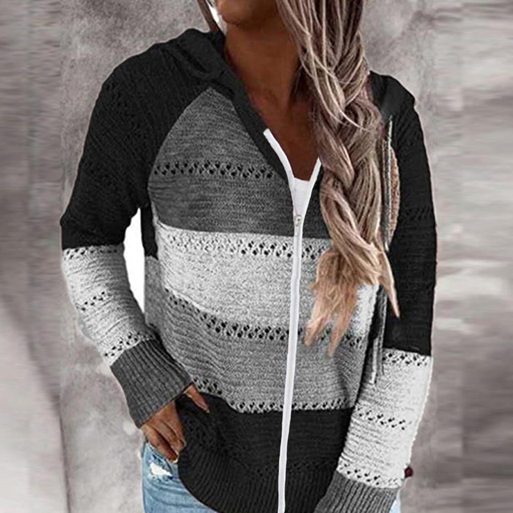 Fashion Women Casual Patchwork Long Sleeves Hooded Sweater Cardigan Blouse Tops