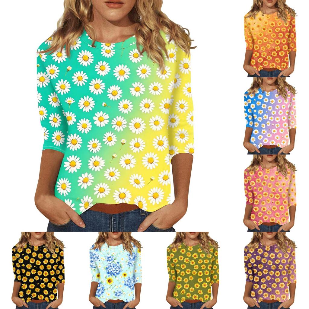 Women's Casual Three Quarter Sleeve Floral Print Round Neck Top Lightweight Comfortable Fit Everyday Wear