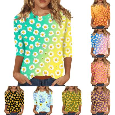 Women's Casual Three Quarter Sleeve Floral Print Round Neck Top Lightweight Comfortable Fit Everyday Wear