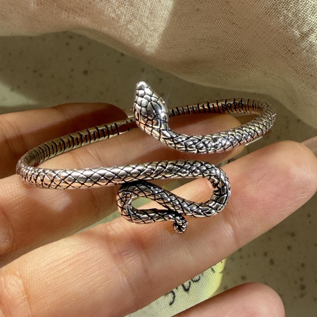 100% Solid 925 Sterling Silver Retro Bracelet for Women Men Vintage Handmade Snake Simple Bracelet Birthday Gift
