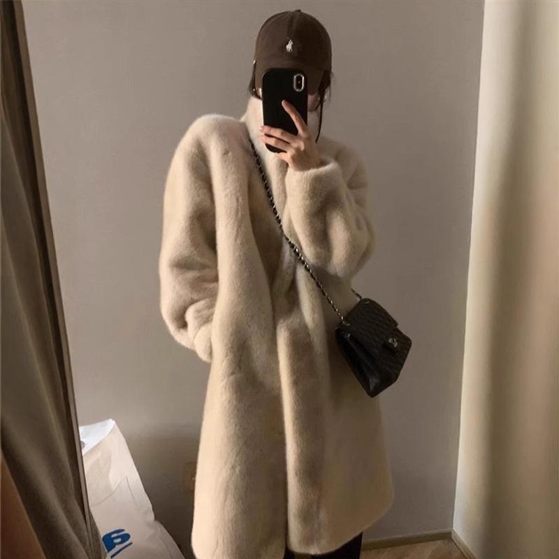Winter Young Mink Long Stand-up Collar Fur All-in-one Imitation Mink Plush Eco-friendly Fur Coat for Women