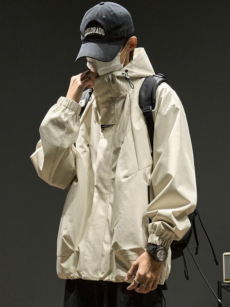 Men's Retro Street Style Hooded Jacket - Oversized, Solid Color, Trendy Brand