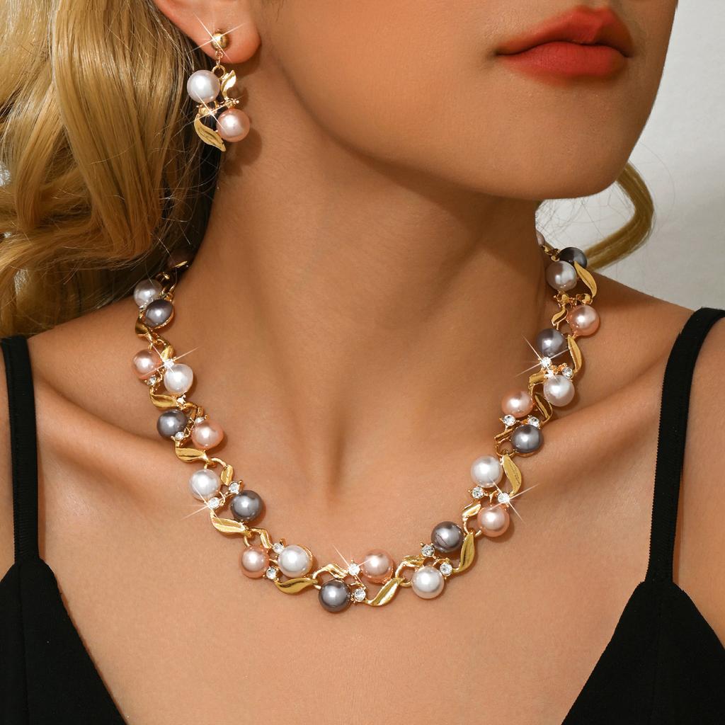 Pearl Necklace Earrings Bracelet Two-Piece Set Fashion Clavicle Pearl Jewelry Women'S Set