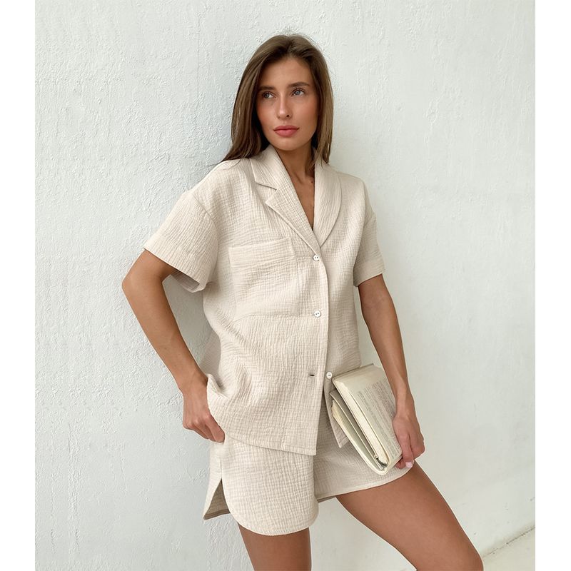 

Western Classy Style Shorts Short Sleeve Shirt Casual Fashion Set Shorts Shirt Two Piece Set Apricot S