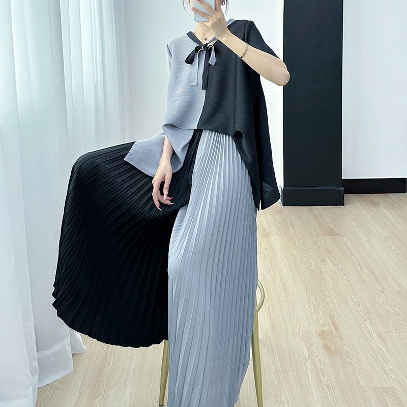 

Модный женский комплект для снижения возраста, новый летний плиссированный комплект на шнуровке, нежная универсальная футболка с короткими рукавами, широкие брюки со складками. One Size розовый