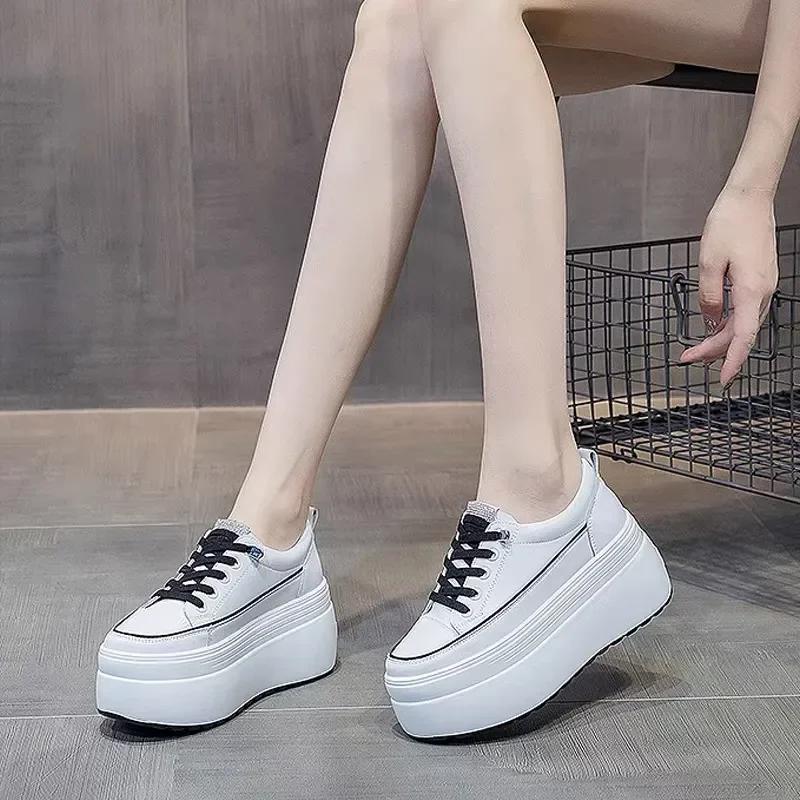 8cm White Genuine Leather Platform Heel Women Flats Shoes Comfortable Casual Creepers Chunky Sneaker Summer Bling Shoes Women