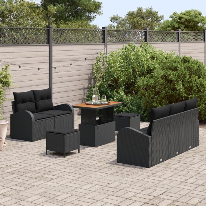 Ensemble de 8 canapés de jardin noir avec coussins en poly rotin et acacia 3364289