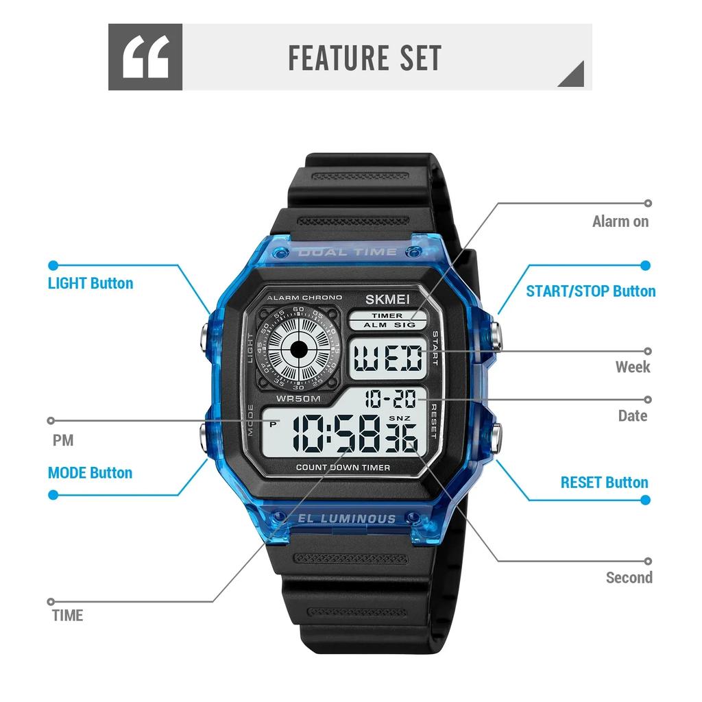 SKMEI 1998 Clock reloj hombre Japan Digital Movement Countdown Sport Watch Mens Multifunction 5Bar Waterproof Chrono Wristwatch