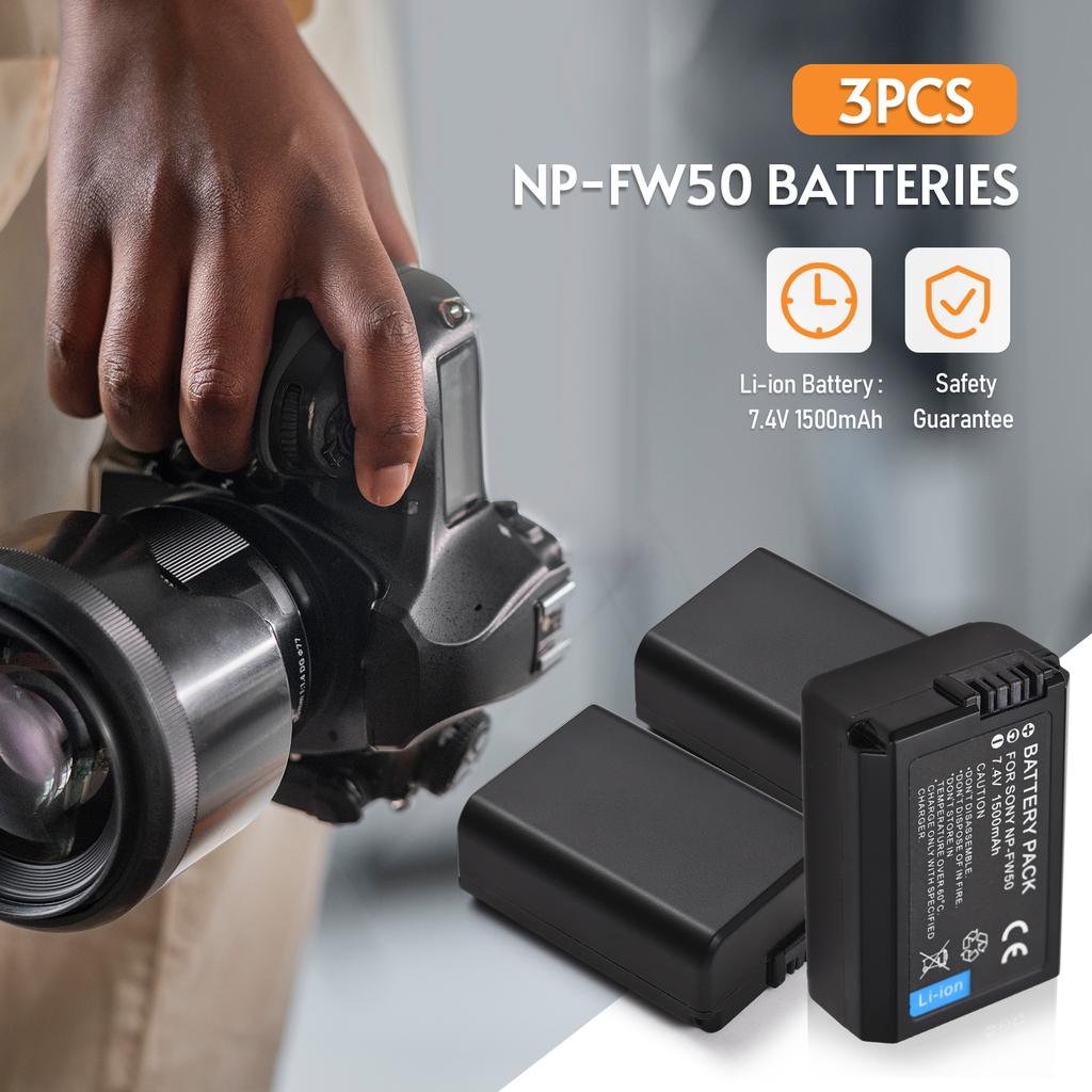 NP-FW50 Akkuladegerät, 3-Slot-Ladegerät mit LED-Anzeigen, Micro-USB- und Typ-C-Anschluss + 3 Stück NP-FW50