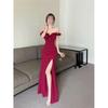 Summer Temperament Skinny Temperament Women's Hip-wrapped Long Dress One-word Shoulder Split Dress Women's Tall