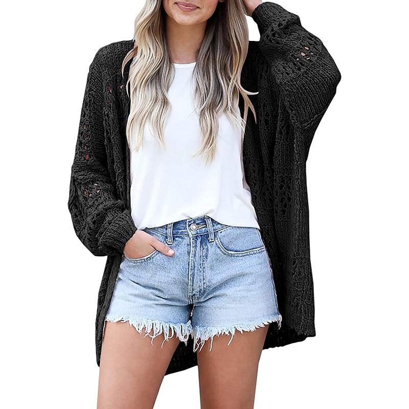 Women Knit Sweater Cardigan Beach Full Sleeve Hollow Out Jumper Straight Solid Casual Elegant Coat Knitted Outwear