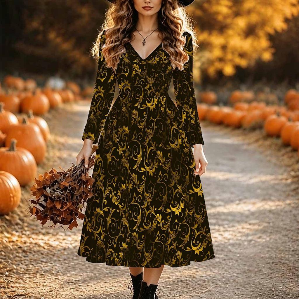 Halloween Women's Vintage Pattern Print Midi Dress A Line Dress Vacation Casual Daily Regular Fit Long Sleeve V Neck Black Spring Fall