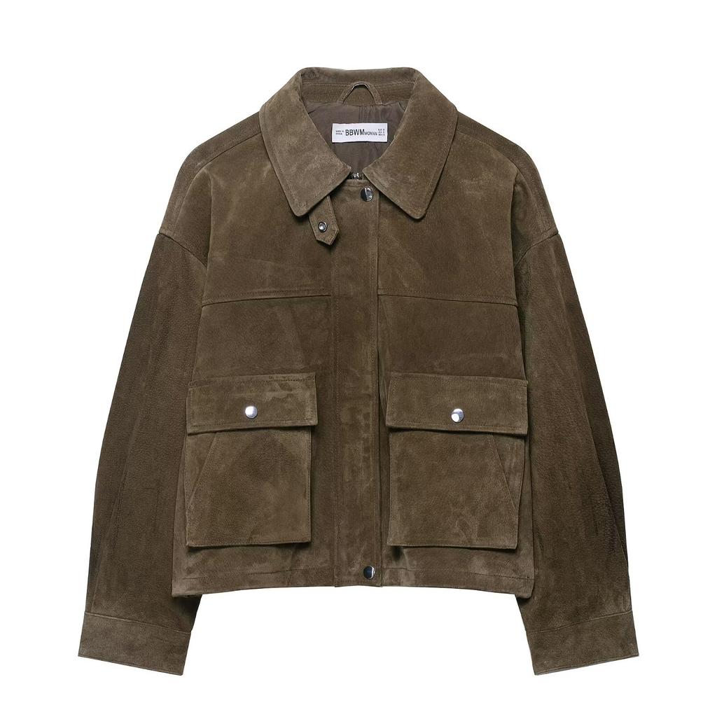 Womens Polo Collar Vintage Make Old Double Pocket Leather Jacket Jacket