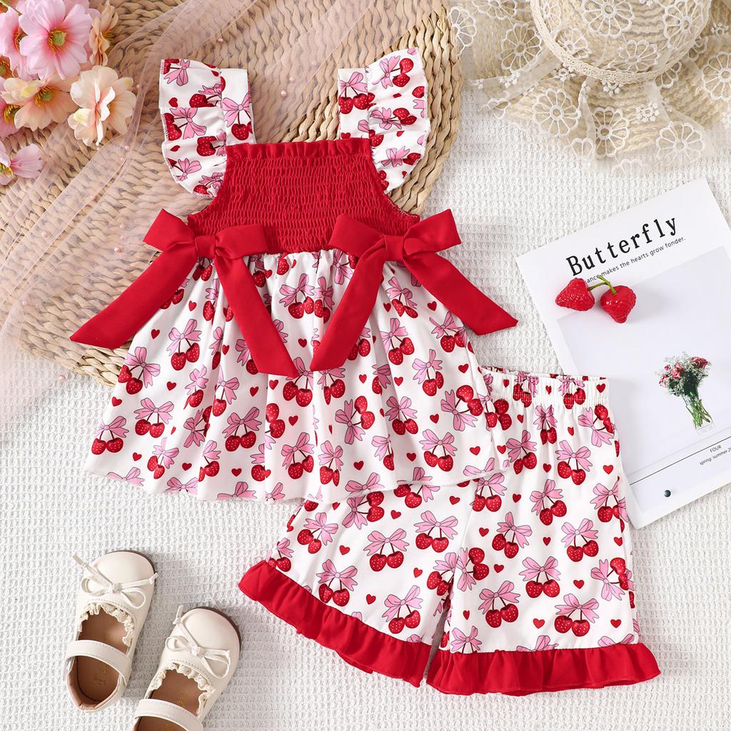 Summer Children's Casual Set with Sweet Watermelon Print Short-sleeved Top and Shorts