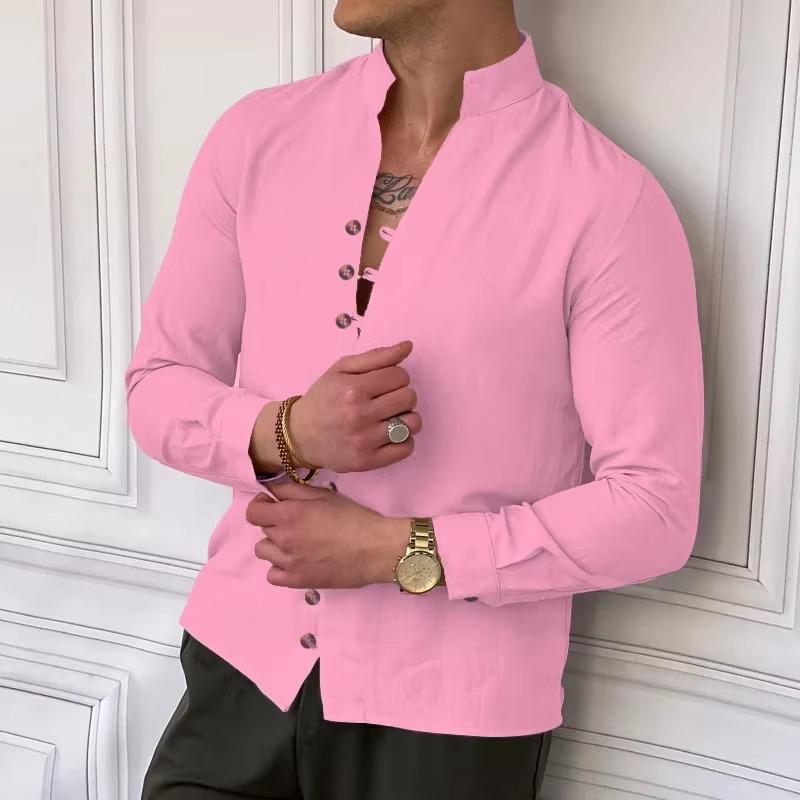 Męskie koszule wieloguzikowe Bawełniano-lniana koszula hawajska na plażę Długi rękaw Stójka Lekka Oddychająca Koszula męska